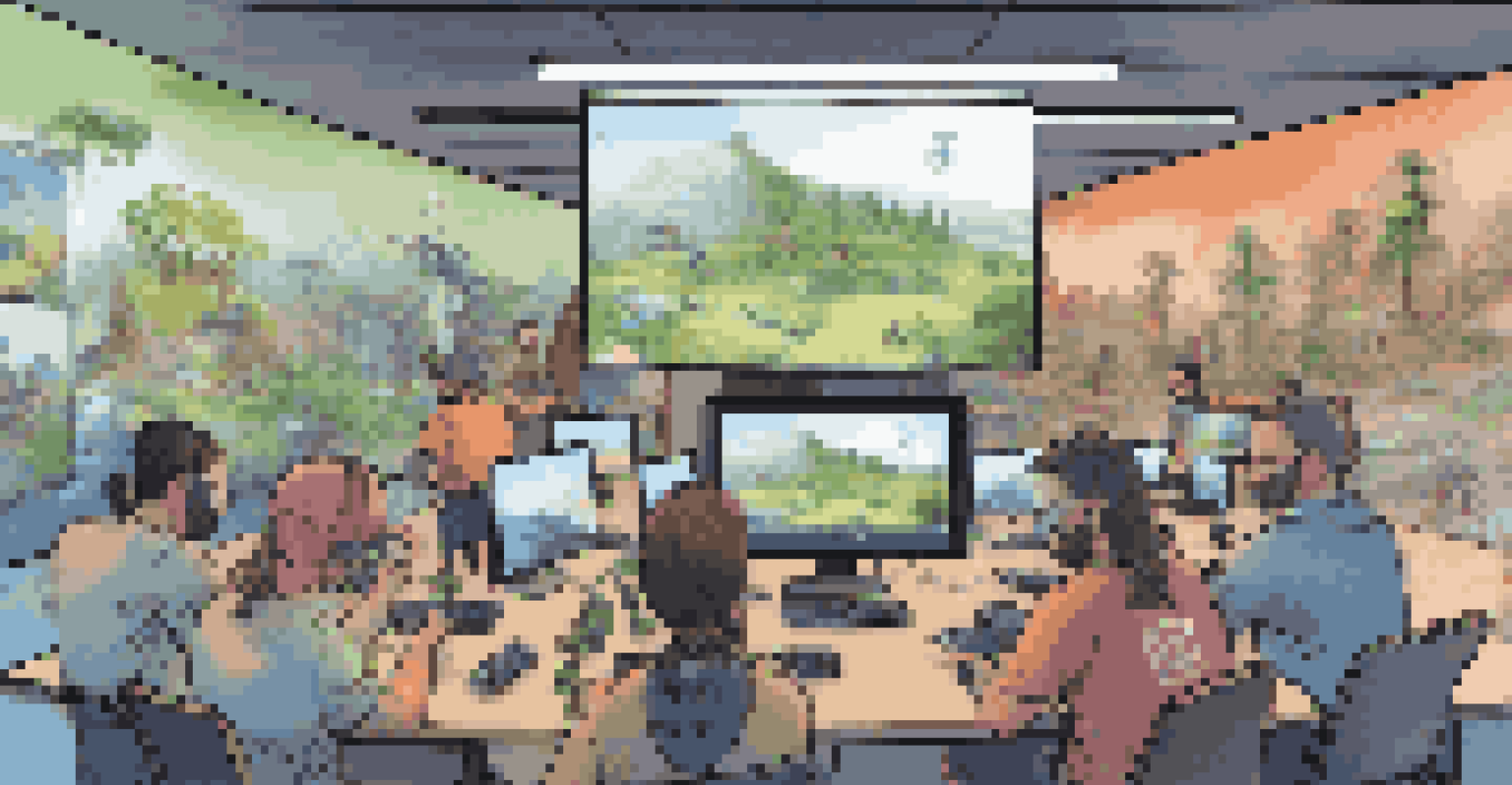A group of gamers participating in an online environmental challenge, engaged with their computers and visuals of clean landscapes on the screen.