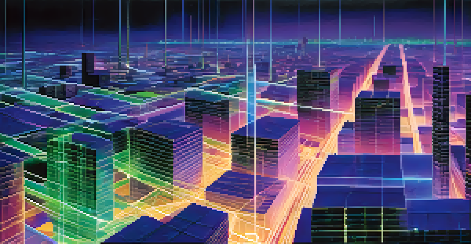 An abstract digital art representation of virtualization, featuring glowing cubes and colorful lines over a cityscape.