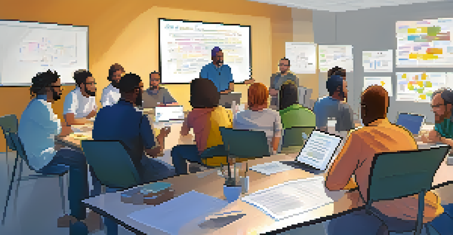 A diverse group of individuals collaborating in a community forum on open source projects, surrounded by laptops and a whiteboard.