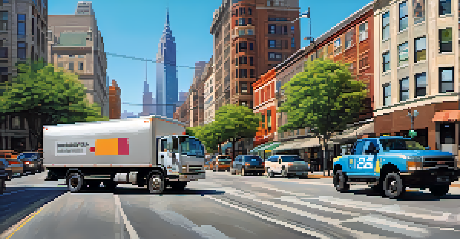 A delivery truck driving through a city with a digital map overlay displaying real-time tracking.