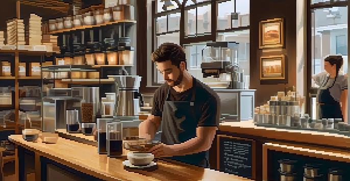 A cozy coffee shop with a barista making latte art, warm wooden decor, and natural light from large windows.