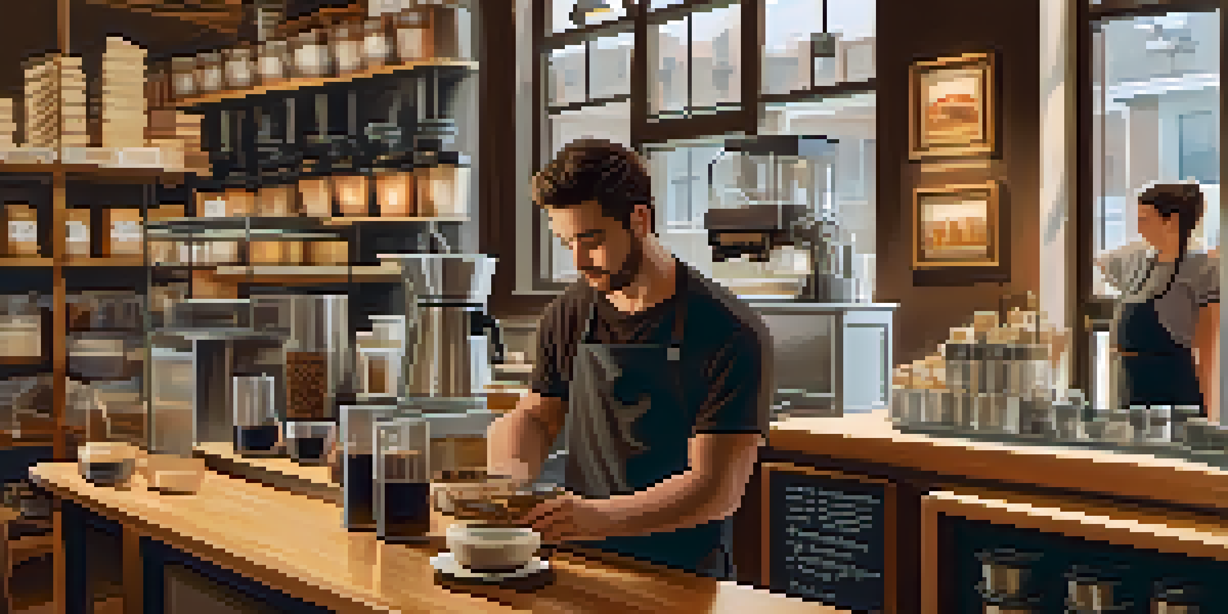 A cozy coffee shop with a barista making latte art, warm wooden decor, and natural light from large windows.