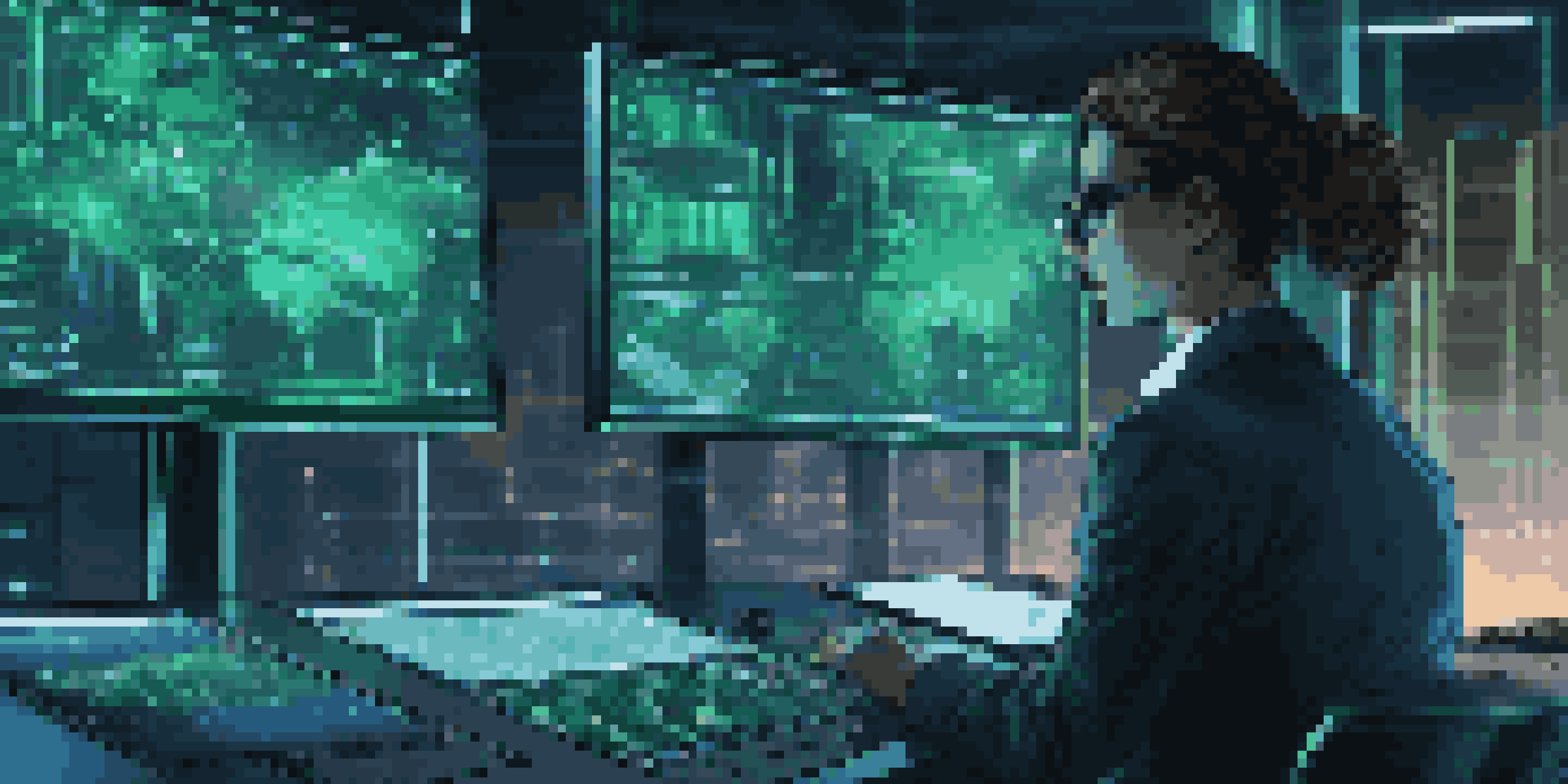 A digital forensics expert analyzing data on multiple computer screens in a dimly lit room with high-tech equipment.