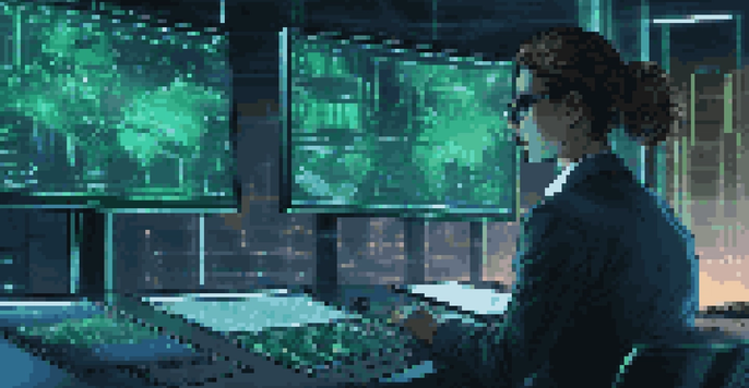 A digital forensics expert analyzing data on multiple computer screens in a dimly lit room with high-tech equipment.