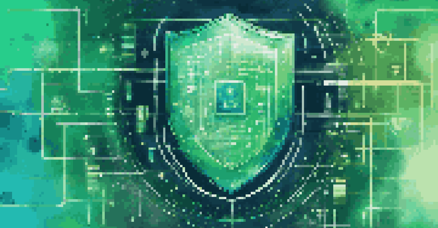An abstract illustration depicting data anonymization, featuring a cloud of binary code and a protective shield in blue and green hues.