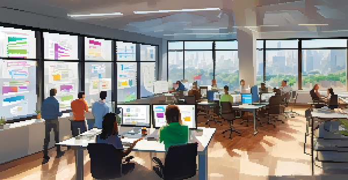 A diverse team of software developers collaborating in a bright office space filled with laptops and a whiteboard.