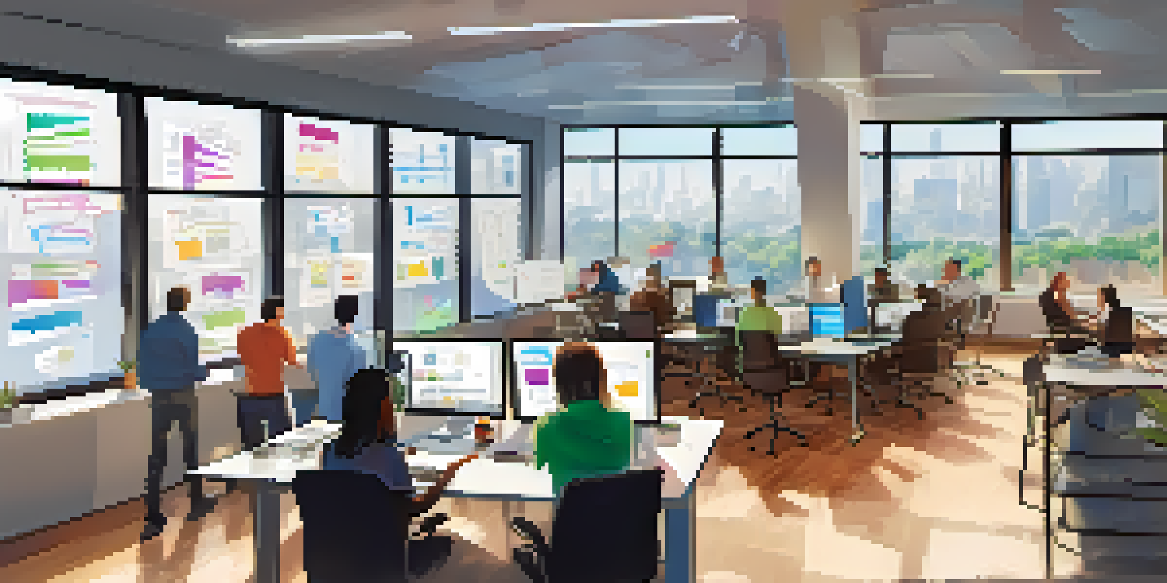 A diverse team of software developers collaborating in a bright office space filled with laptops and a whiteboard.