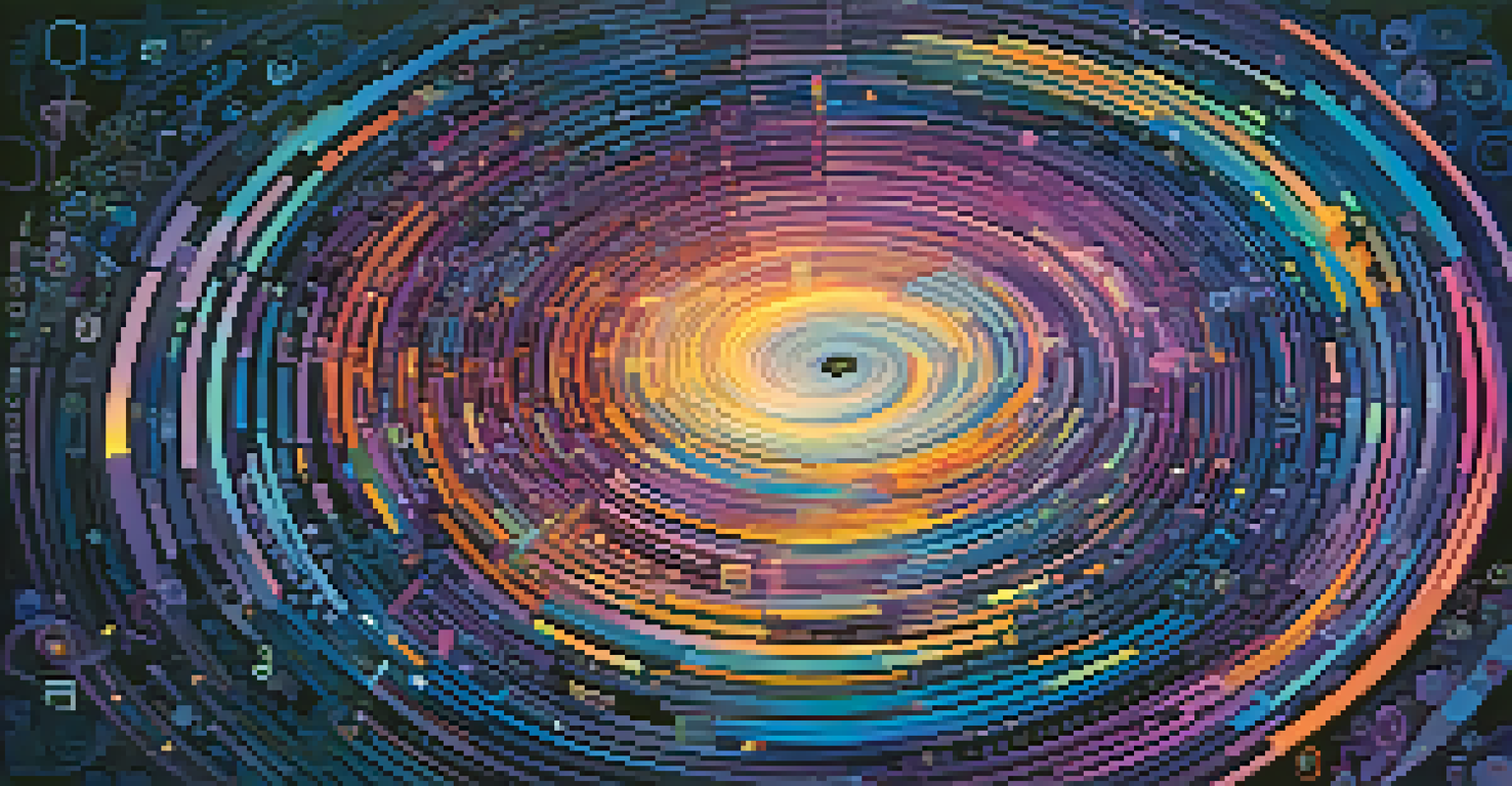 An abstract representation of big data with swirling numbers and symbols in vibrant colors against a deep blue and purple background.