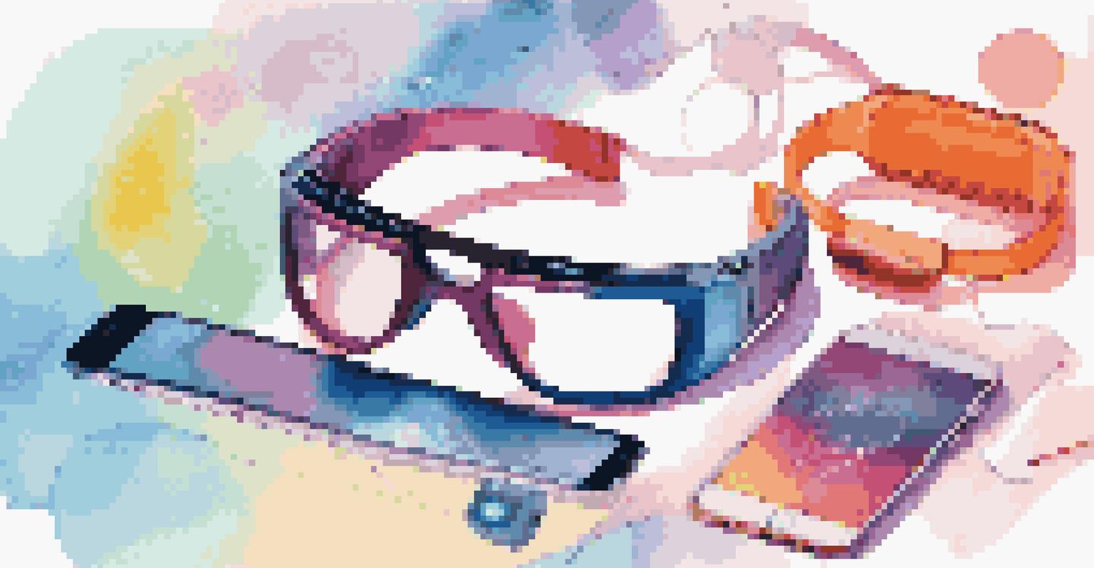 An abstract representation of wearable technology, including smart glasses and fitness trackers, arranged harmoniously with bright colors and a digital interface.