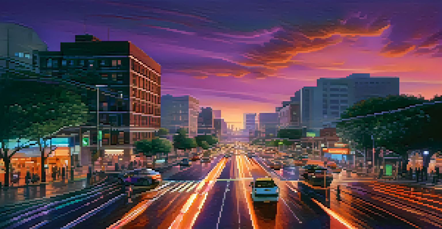 A cityscape at dusk with smart traffic lights and connected vehicles communicating, showcasing a smooth traffic flow in a vibrant urban setting.