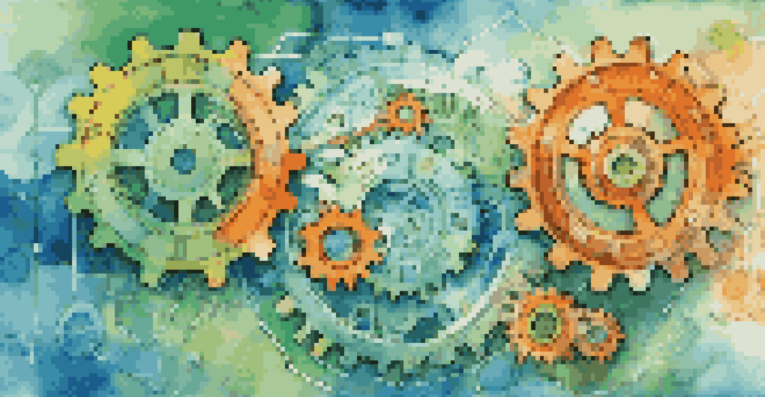 An artistic illustration showing interconnected gears and circuit patterns, representing the integration of DevOps and API management with vibrant colors.