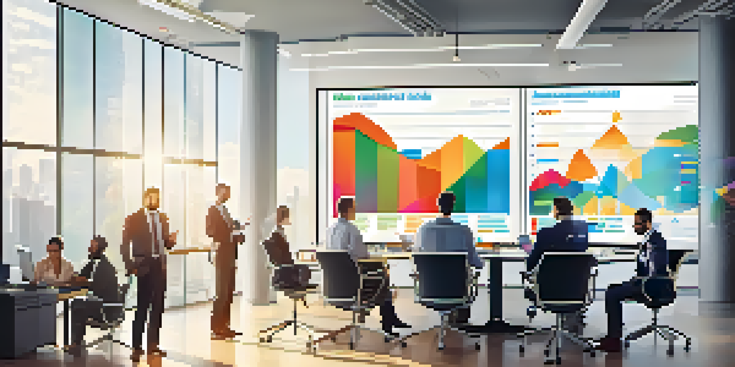 A diverse team of professionals discussing data analytics in a bright modern office, with colorful graphs displayed on a large screen.