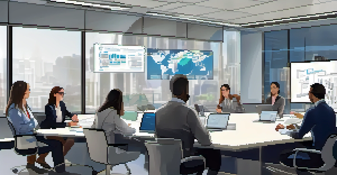 A diverse group of employees in a bright office, participating in a digital forensics training session with laptops and a whiteboard.