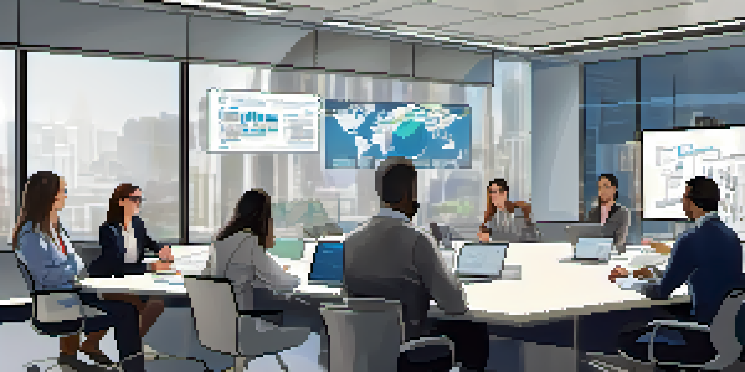 A diverse group of employees in a bright office, participating in a digital forensics training session with laptops and a whiteboard.
