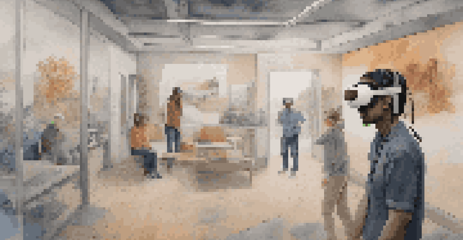 A user experiencing augmented reality that simulates a day in the life of someone facing challenges, surrounded by emotional visuals.