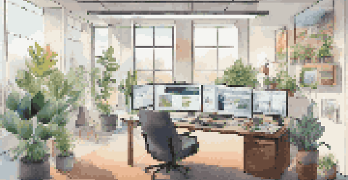 A bright and modern digital workspace showing multiple screens with a Digital Asset Management interface and colorful asset thumbnails.