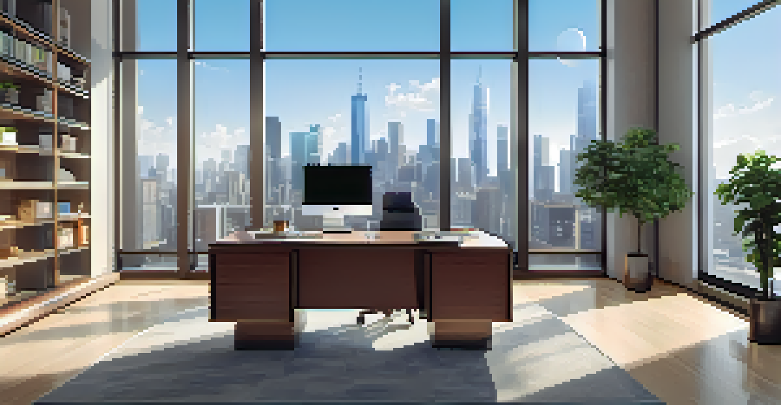A modern office with a desk and laptop, illuminated by sunlight from a large window overlooking a city skyline.