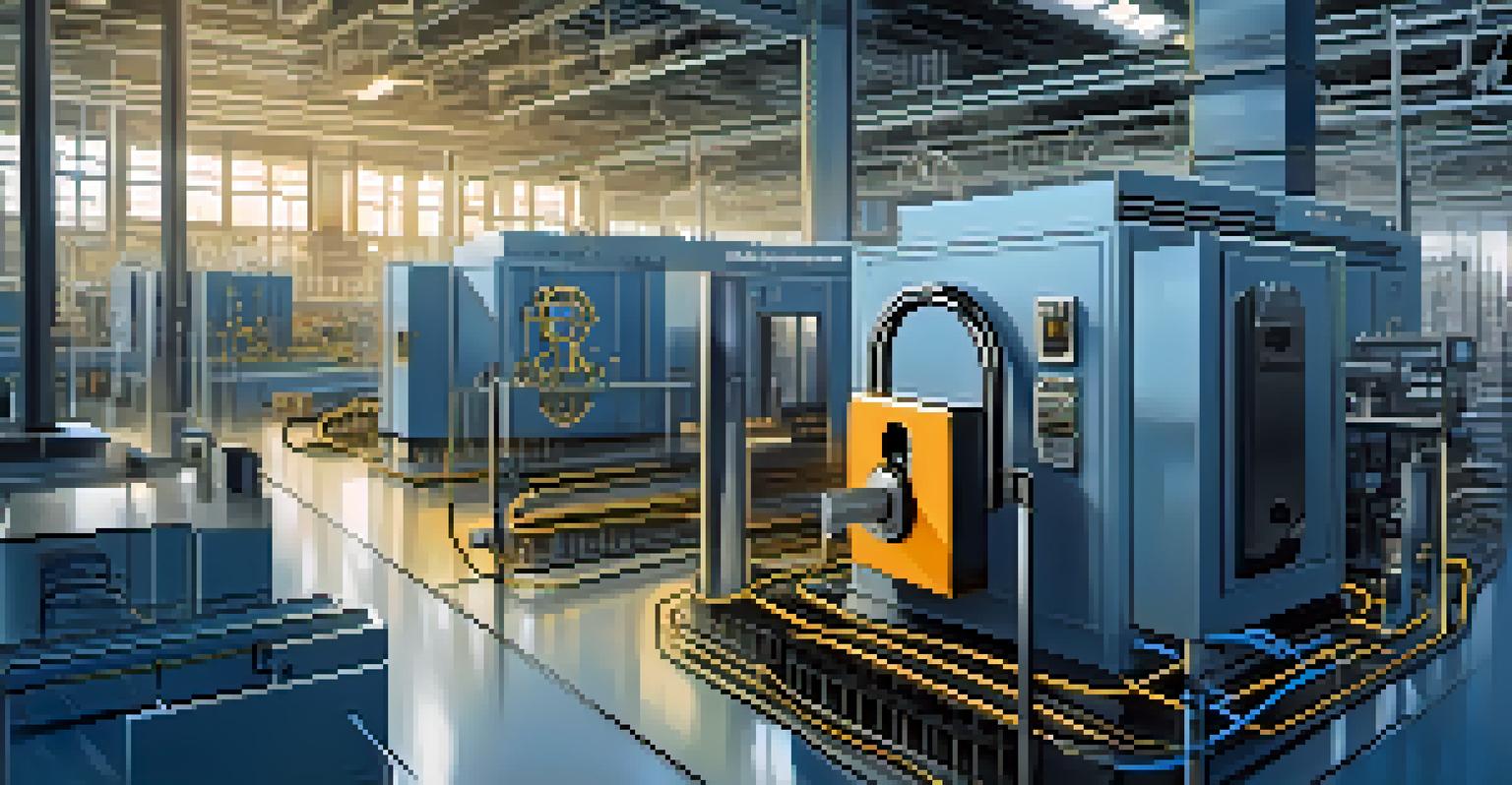 A digital lock symbolizing data security overlaid on a network of machines in a modern factory.