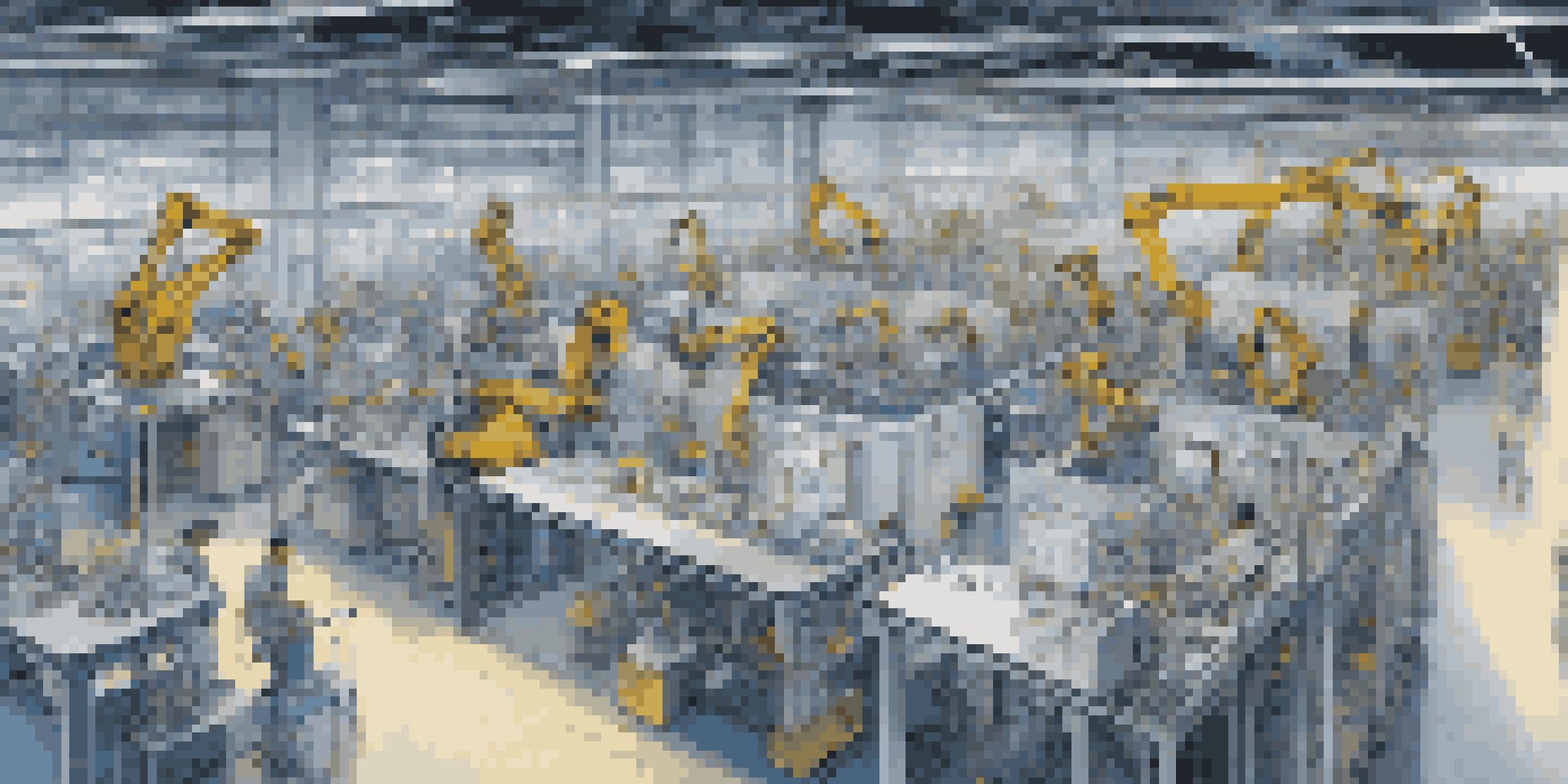 A smart factory floor with robotic arms and digital screens displaying data, highlighting the collaboration between technology and workers.
