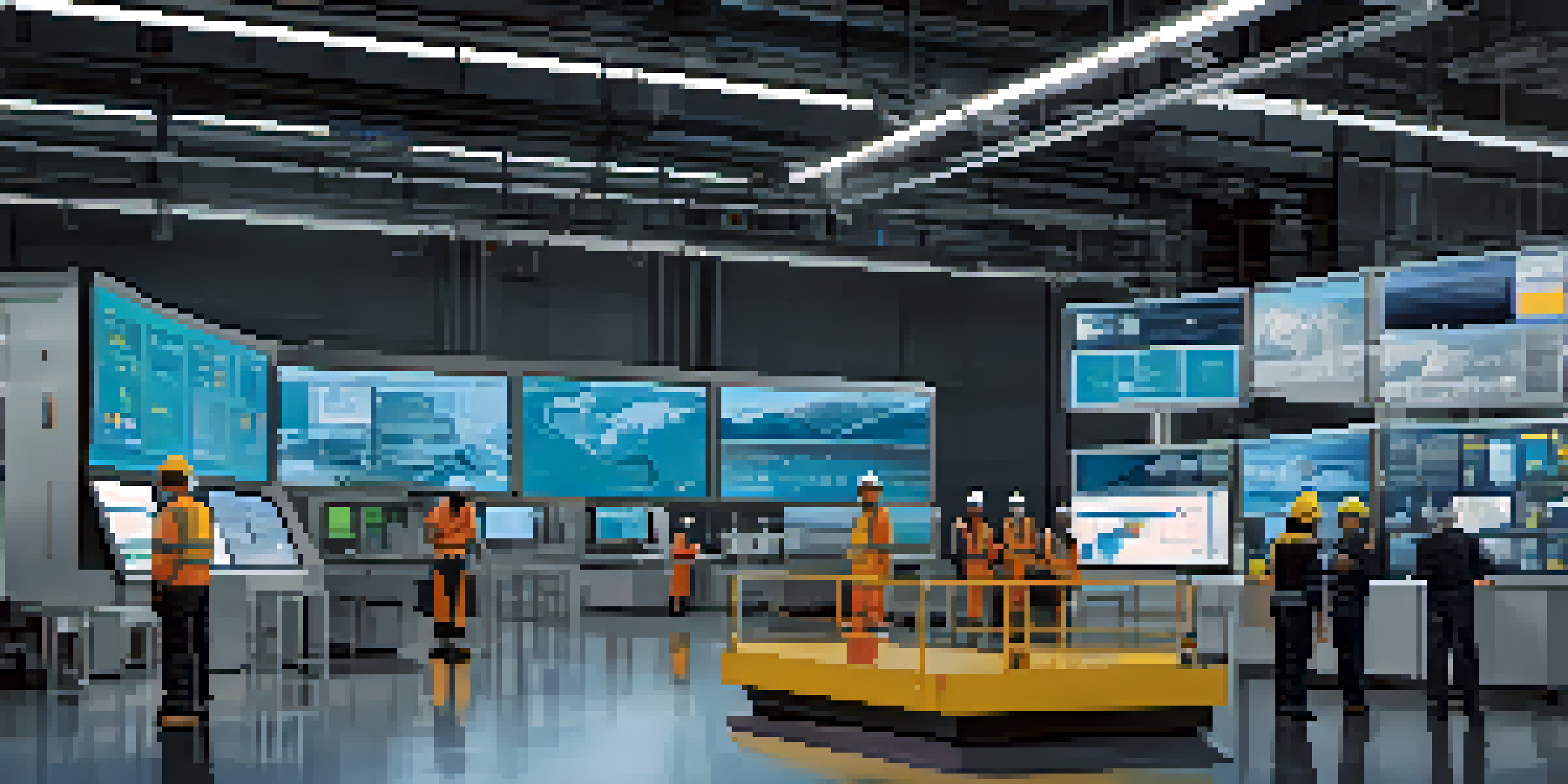 A modern manufacturing facility with advanced machinery and workers analyzing data on digital screens.