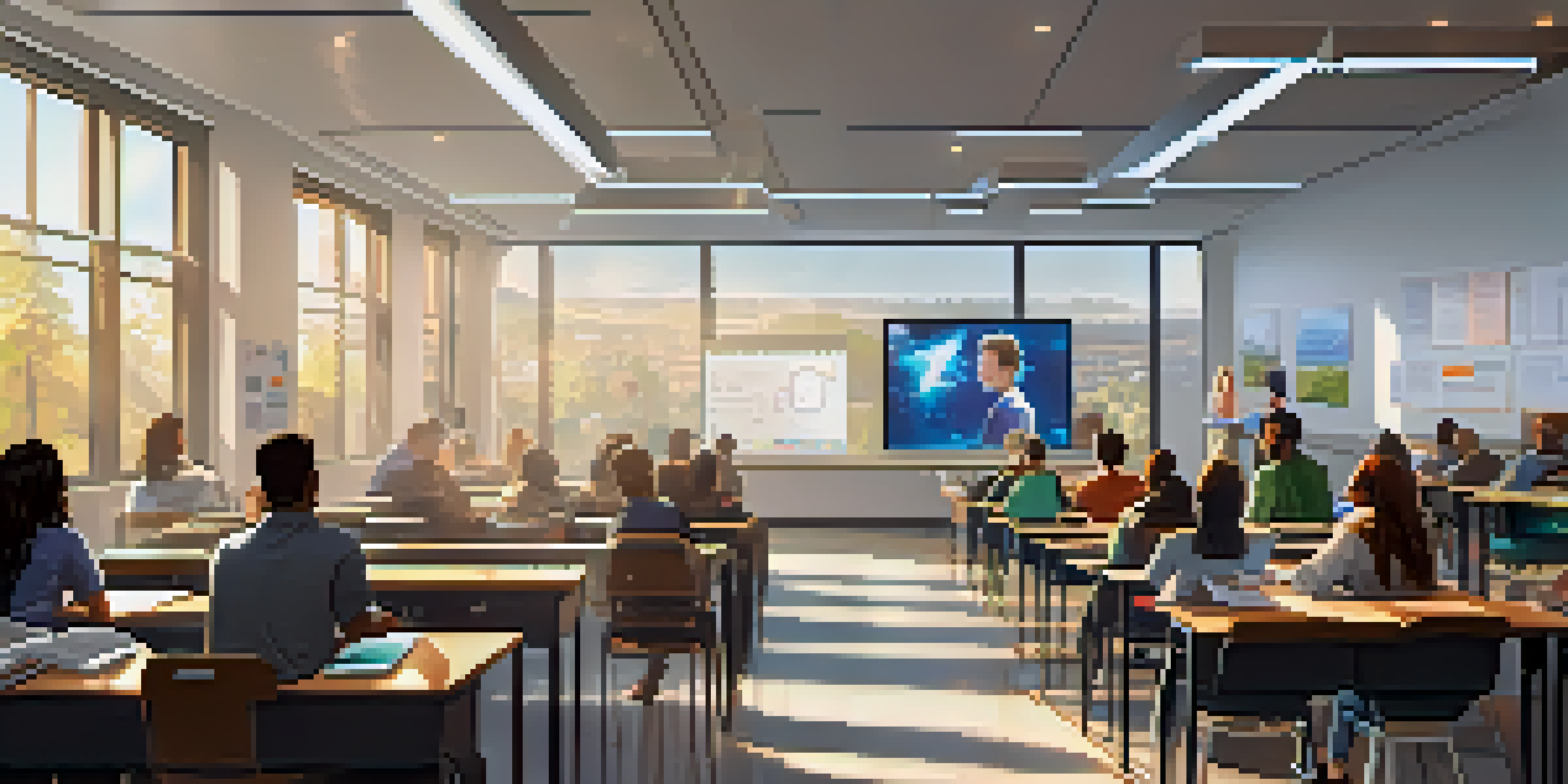 A vibrant university classroom with diverse students engaged in learning, using technology and collaborative tools.