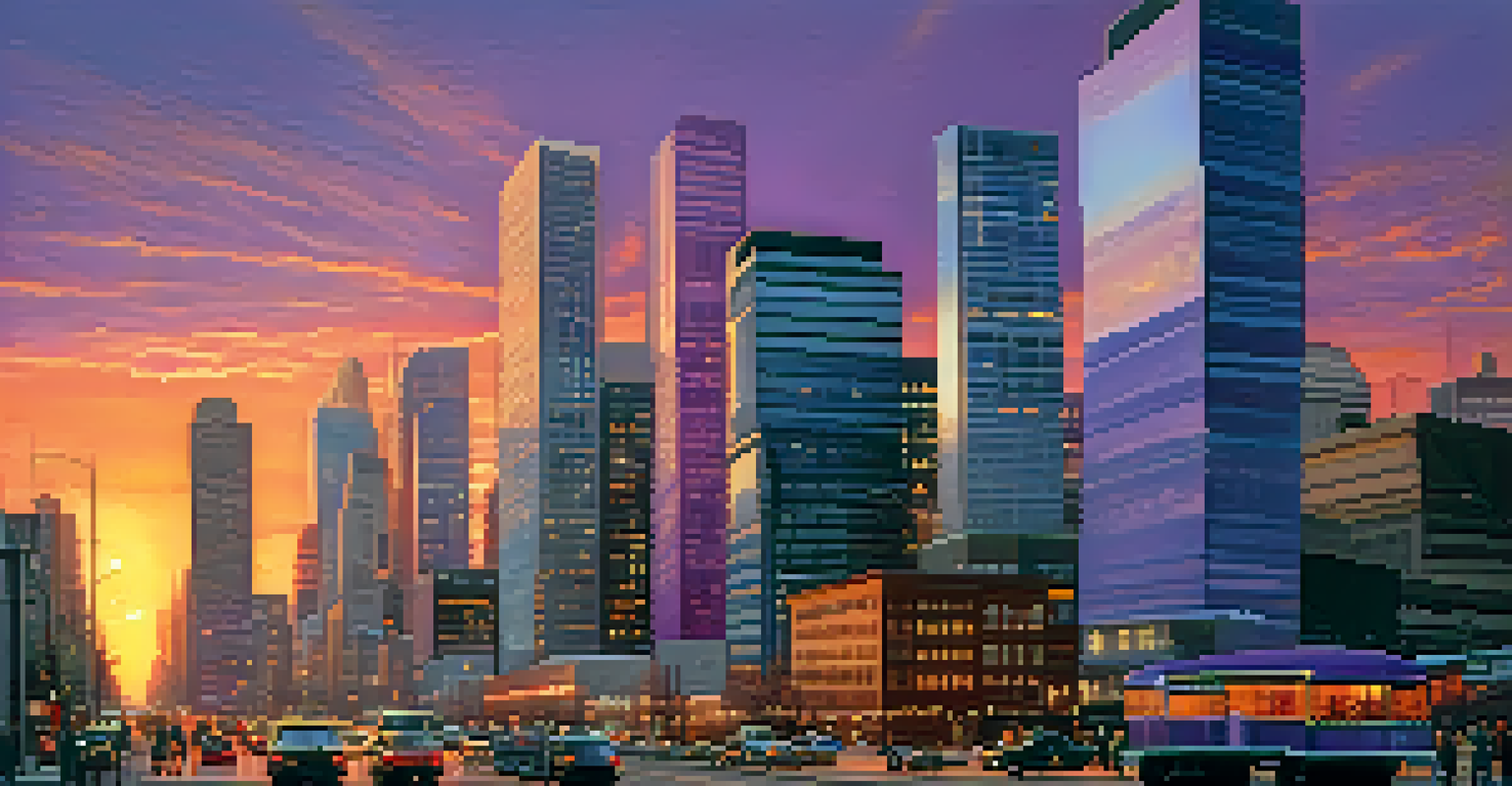 A vibrant cityscape at sunset with modern skyscrapers reflecting the colorful sky and bustling streets.