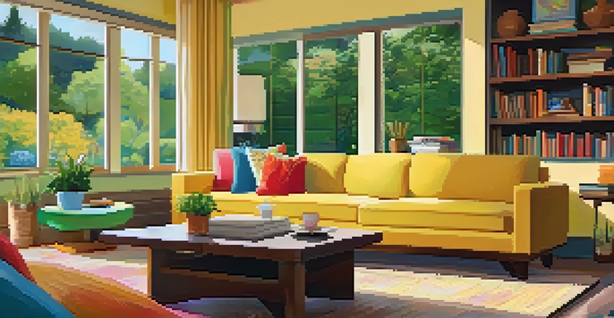 A cozy living room with a TV showing a streaming interface, a sofa with cushions, a coffee table with snacks, and a garden view outside.