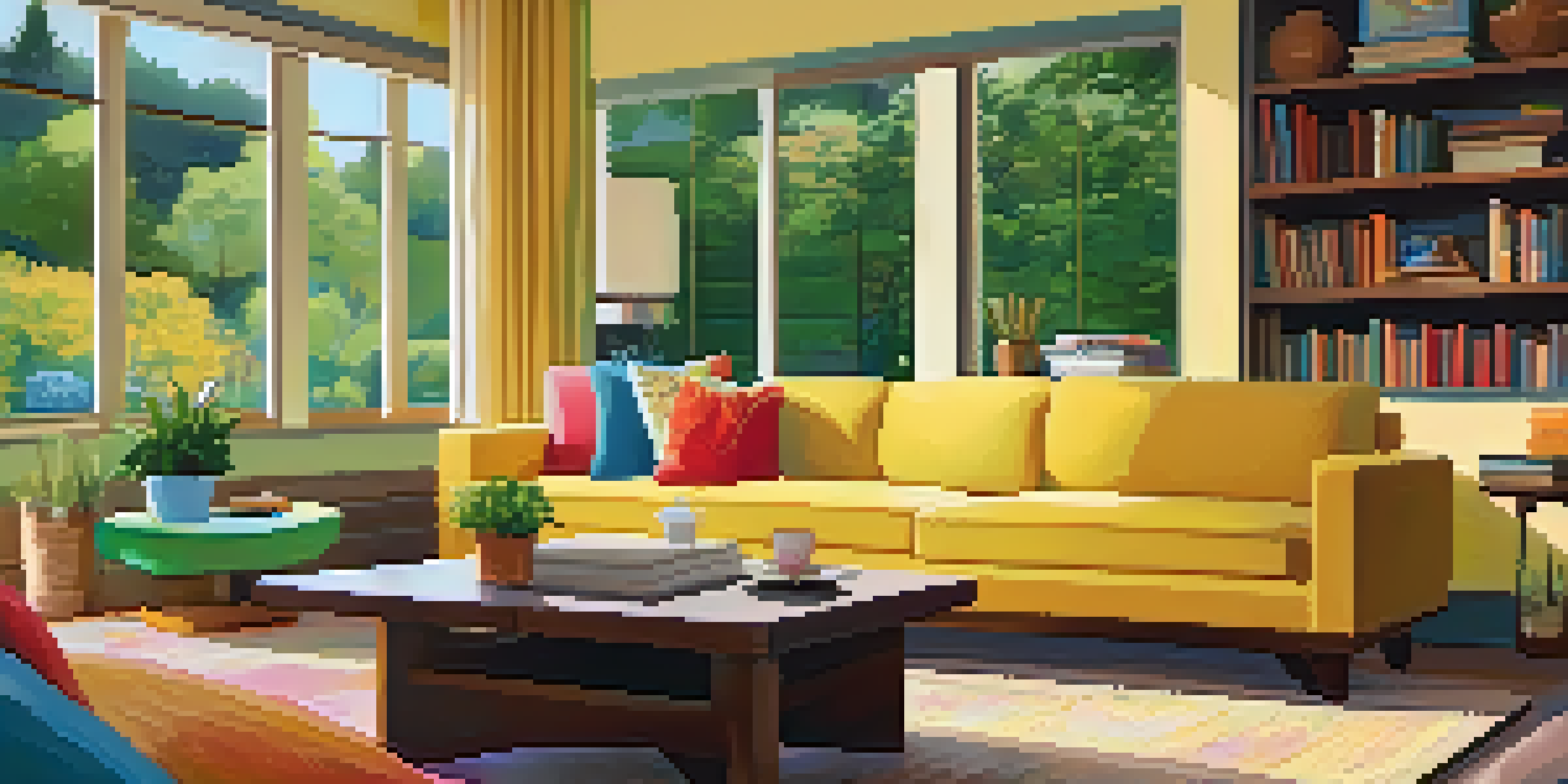 A cozy living room with a TV showing a streaming interface, a sofa with cushions, a coffee table with snacks, and a garden view outside.