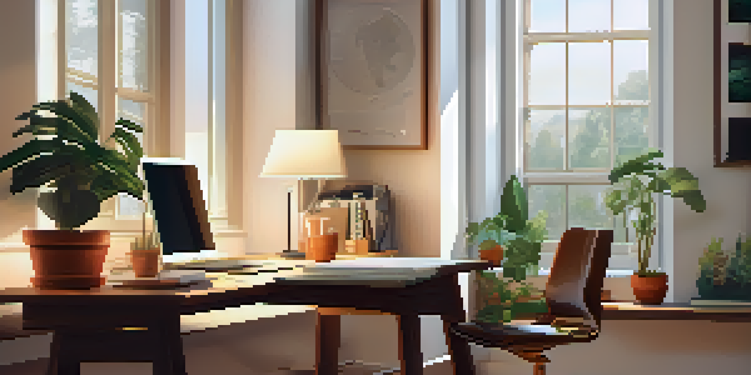 A bright and inviting workspace with a modern desk, laptop, potted plants, and a cup of coffee, illuminated by natural light from a window.