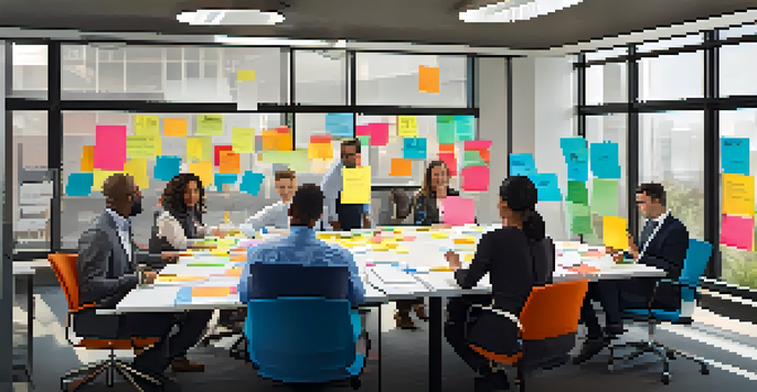 A diverse group of professionals in a bright office participating in a Planning Poker session, surrounded by sticky notes and whiteboards.