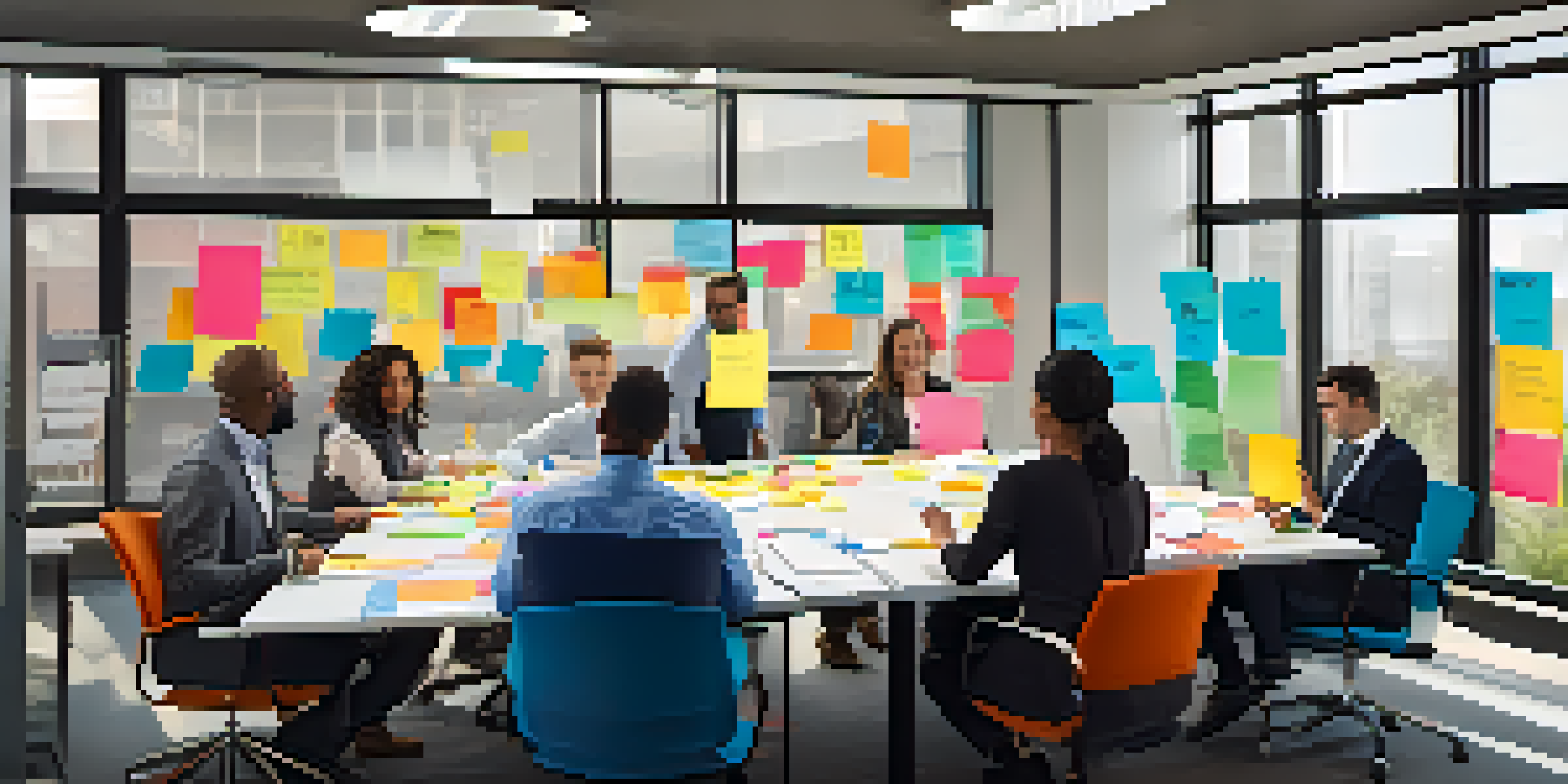 A diverse group of professionals in a bright office participating in a Planning Poker session, surrounded by sticky notes and whiteboards.