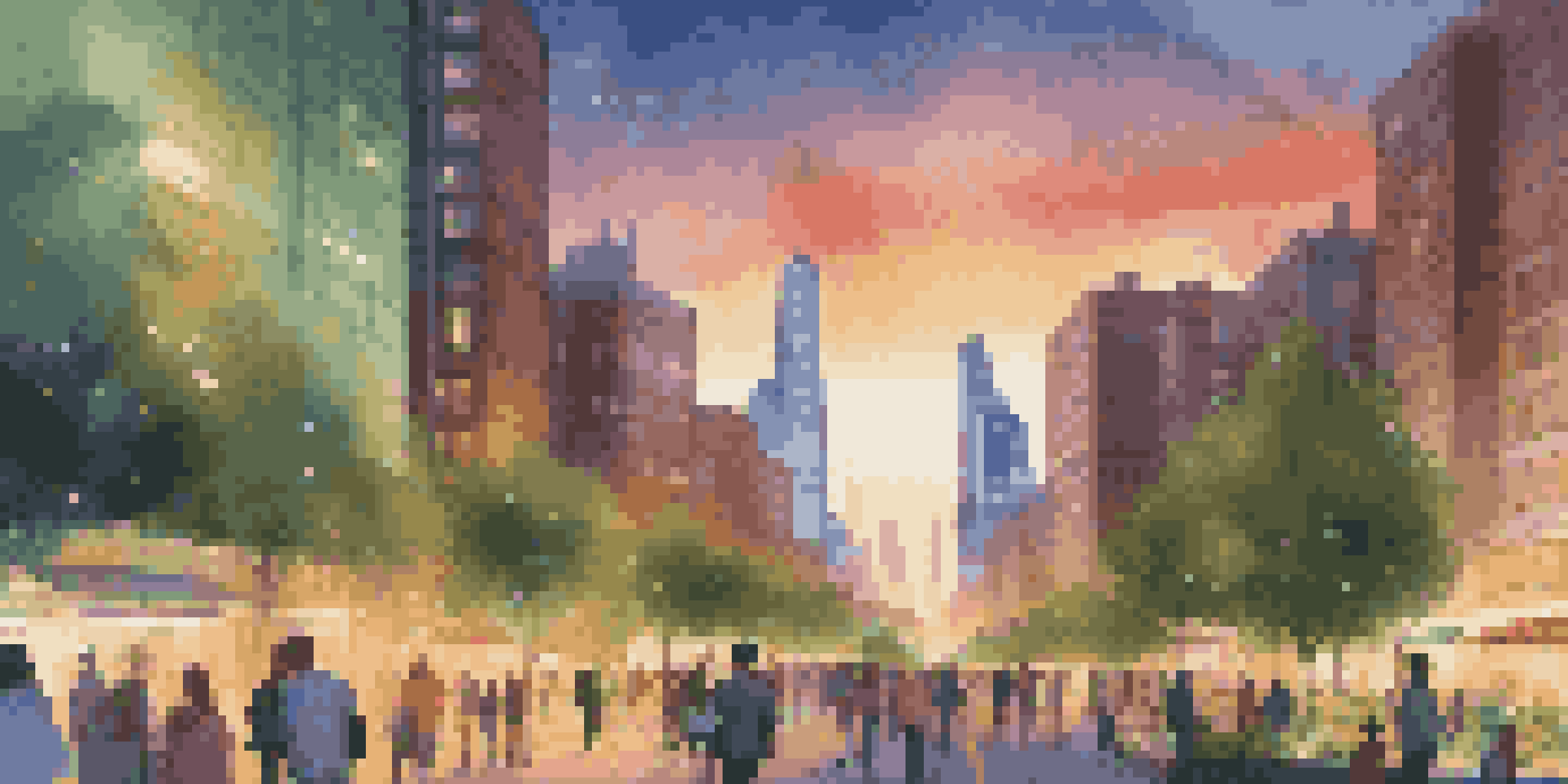 An urban landscape depicting smart streetlights adjusting brightness, pedestrians, and a skyline under a sunset.