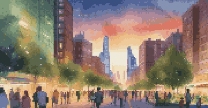An urban landscape depicting smart streetlights adjusting brightness, pedestrians, and a skyline under a sunset.