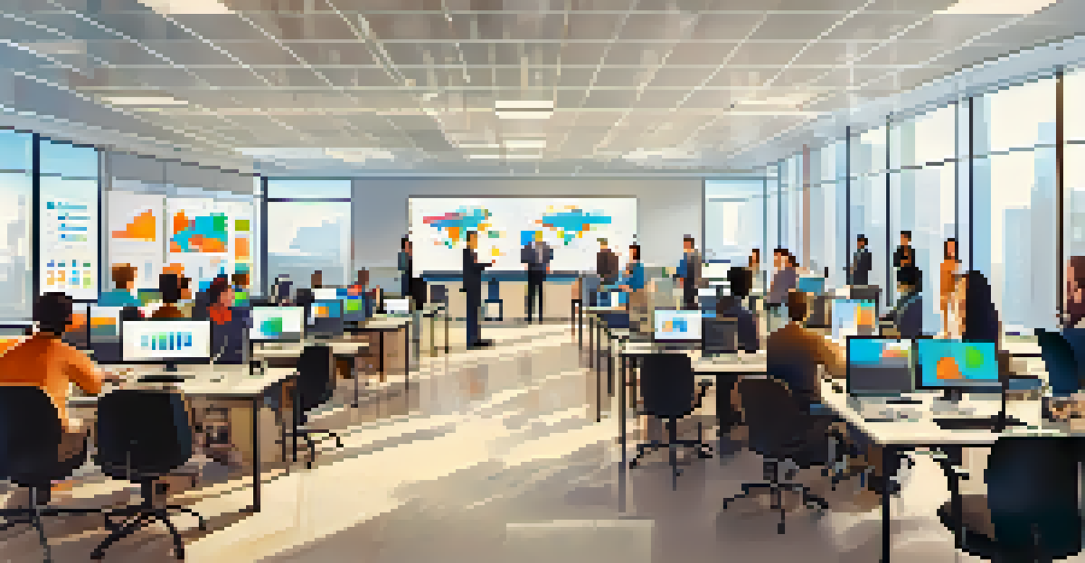 A modern office training session on data privacy, with diverse employees and bright natural lighting.