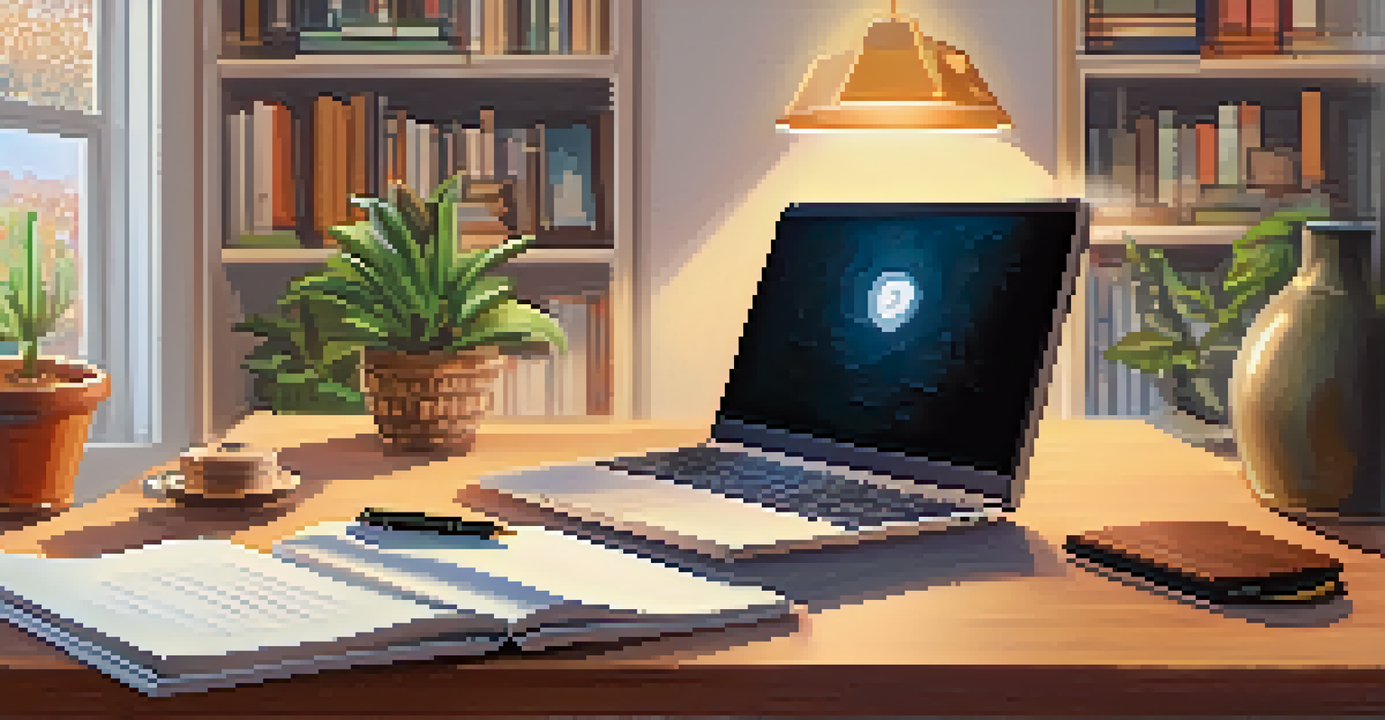 Close-up of hands typing on a laptop with a notepad and pen nearby, set in a cozy living room.