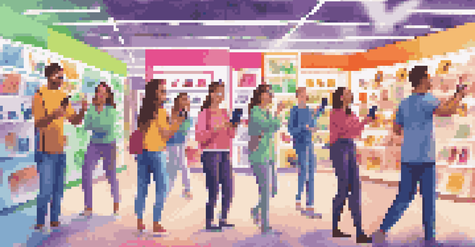 A group of young adults enjoying an augmented reality scavenger hunt in a retail store, interacting with digital clues.