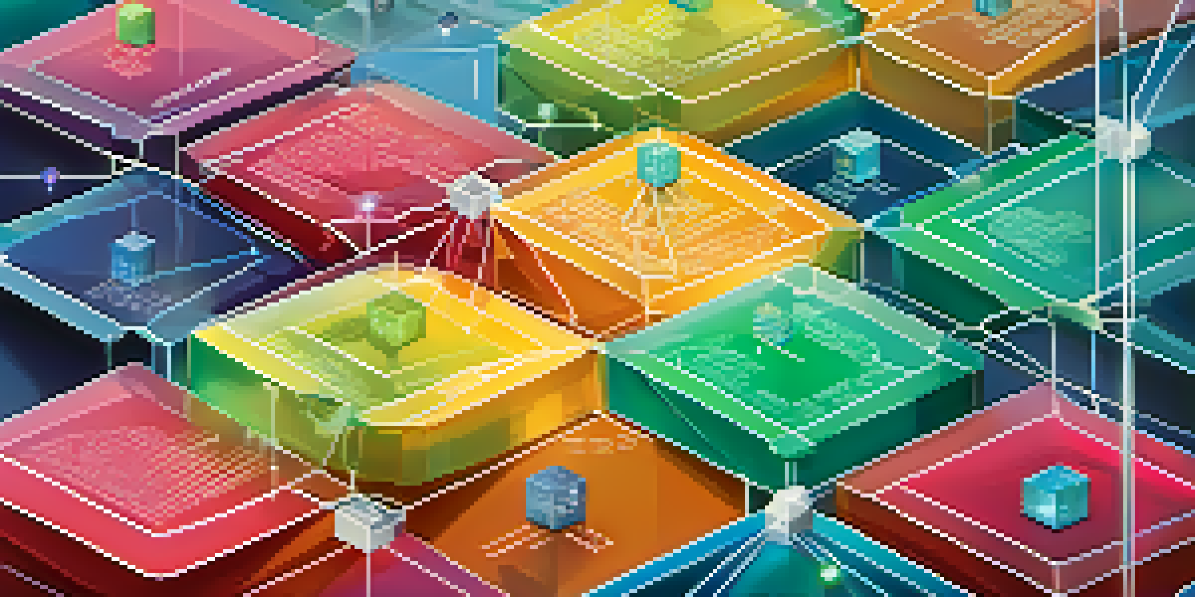 A visual representation of a blockchain network with interconnected nodes and vibrant colors, set against a gradient background.