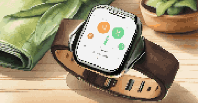 A fashionable fitness tracker on a wooden table with eco-friendly materials, illuminated by warm light.