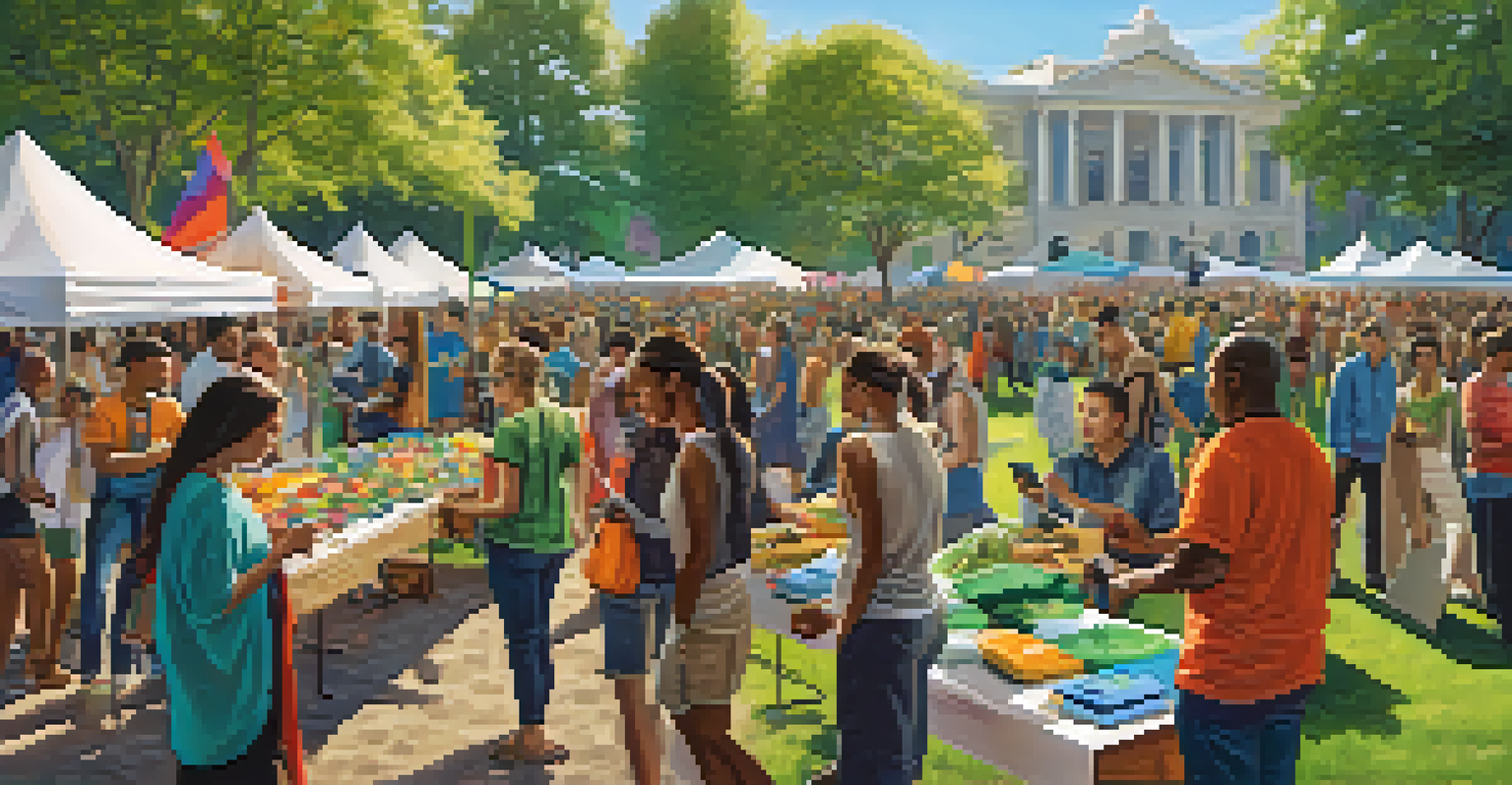 A lively community exchange event in a park, featuring people swapping clothes and tools, with colorful banners promoting sustainability.