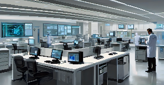 A digital forensic lab with high-tech equipment and a forensic expert analyzing data.