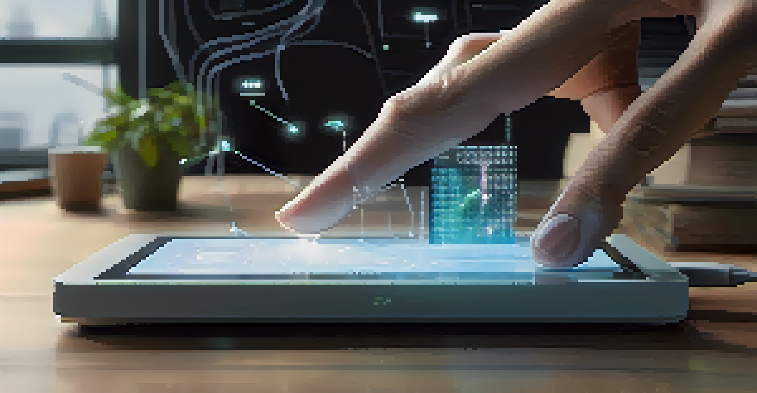 A close-up of a hand using a smart IoT device on a desk, with data graphics projected above in a modern workspace.