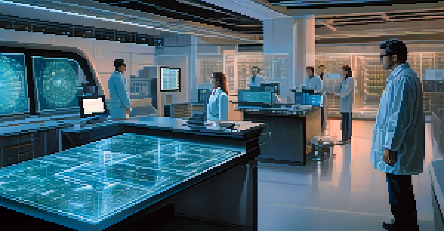A futuristic laboratory with scientists working on holographic data displays related to quantum encryption.