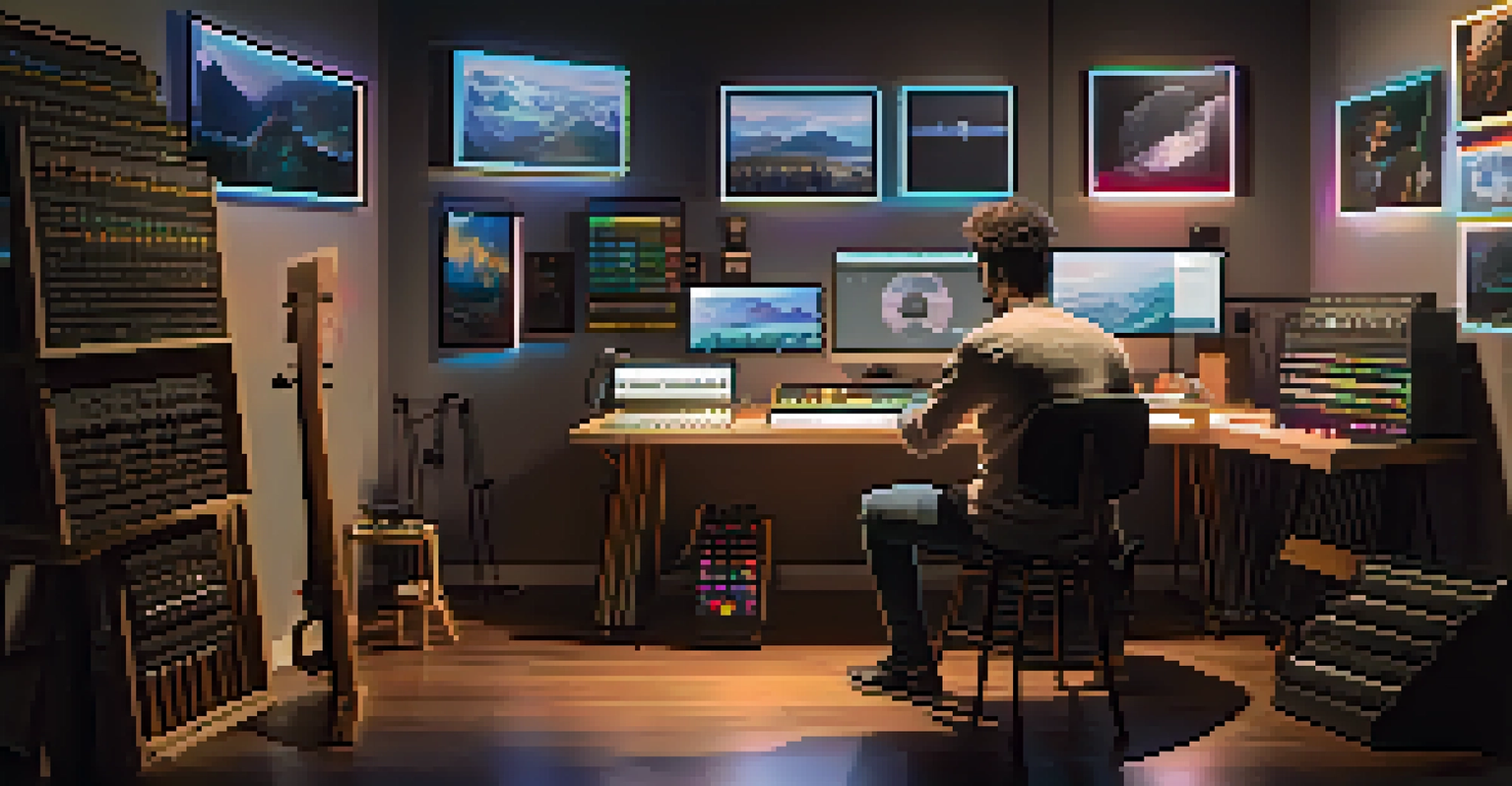 An artist in a studio using a digital platform to register their creative works and track royalties.