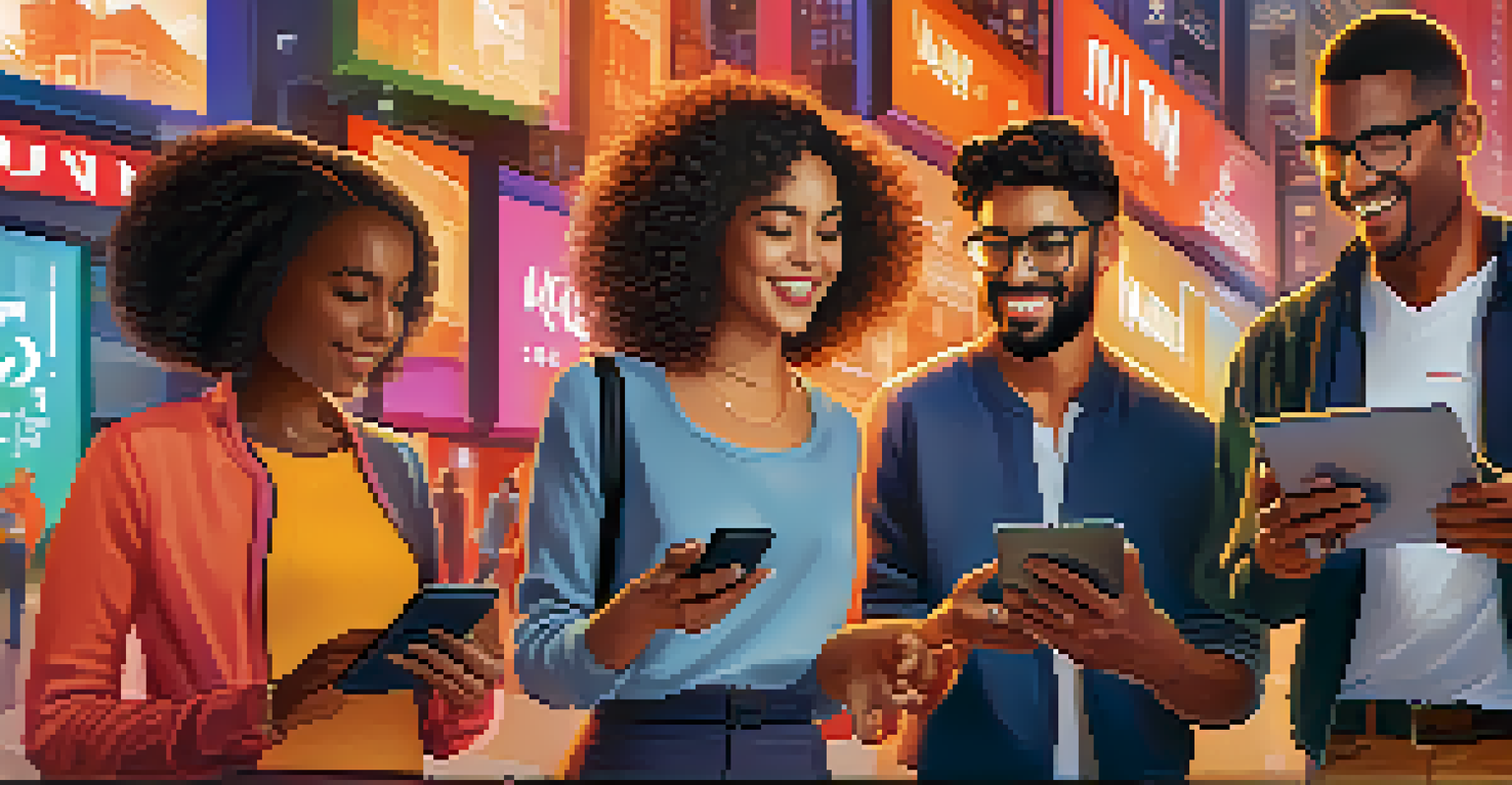 A diverse group of people enjoying personalized digital experiences with devices against a colorful cityscape.