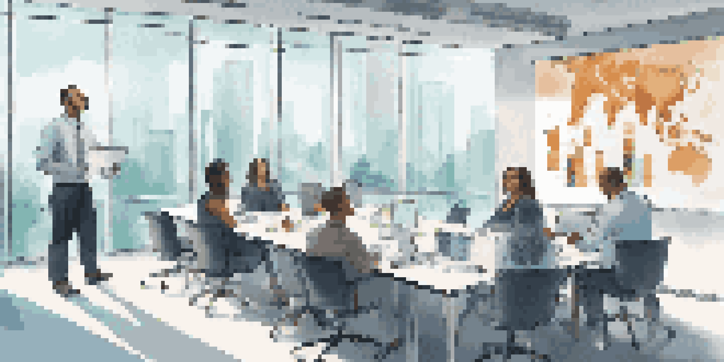 A diverse group of employees in a bright office participating in a data privacy training session with a projector display.