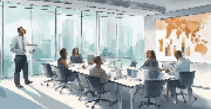 A diverse group of employees in a bright office participating in a data privacy training session with a projector display.