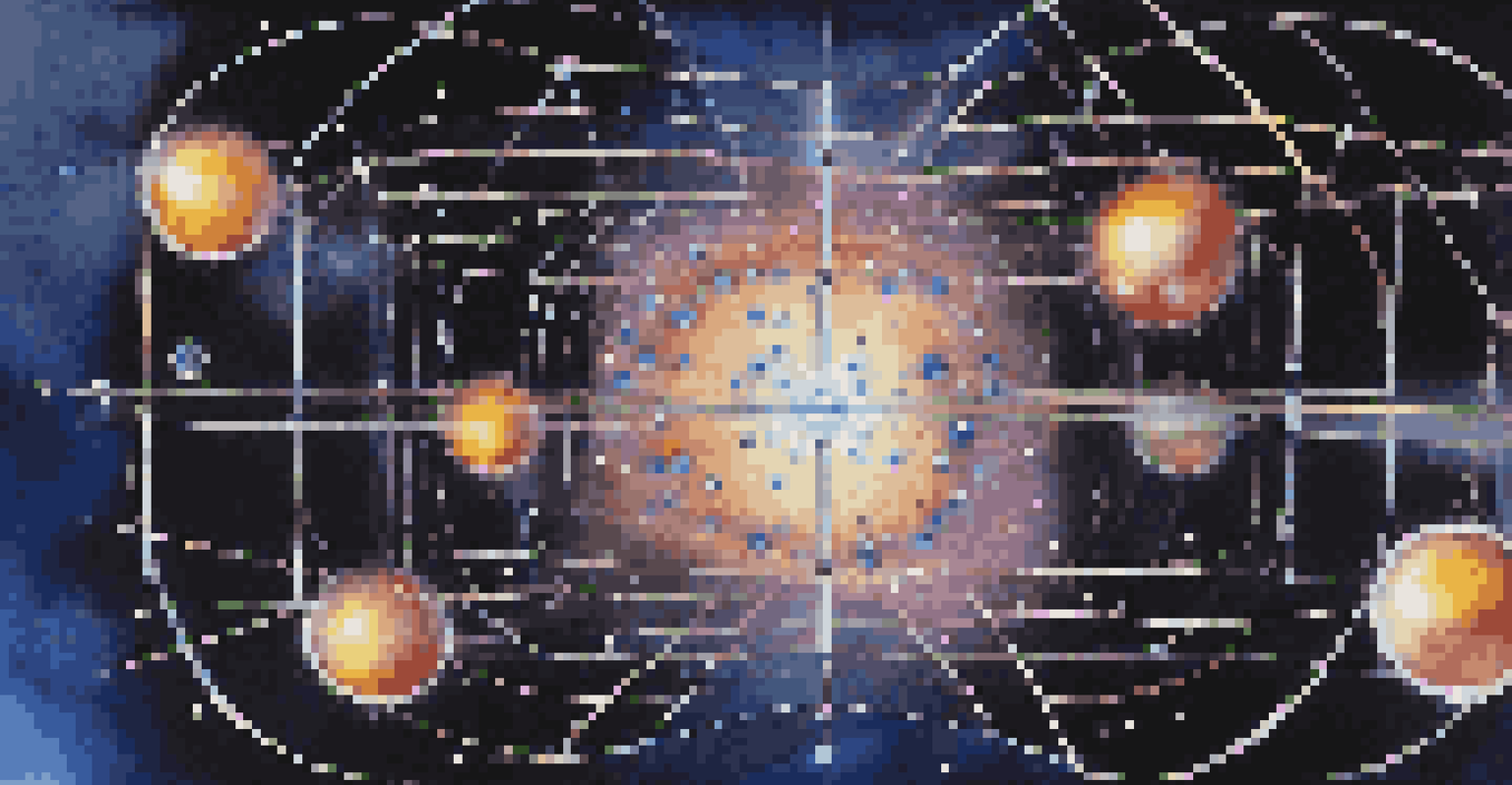 An artistic depiction of trapped ion qubits with glowing orbs and intersecting laser beams in a starry background.