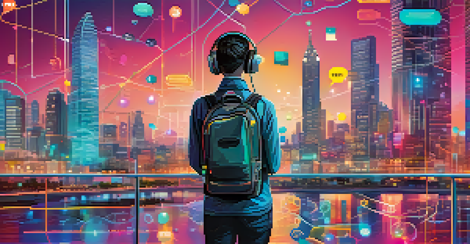 A chatbot on a digital interface engaging in conversation with colorful speech bubbles, set against a futuristic city backdrop.