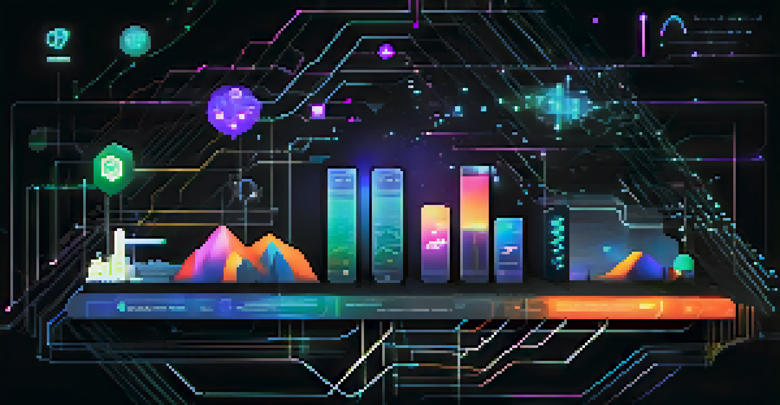 An abstract digital landscape showing icons for programming languages and frameworks used in mobile app development, with glowing connections.