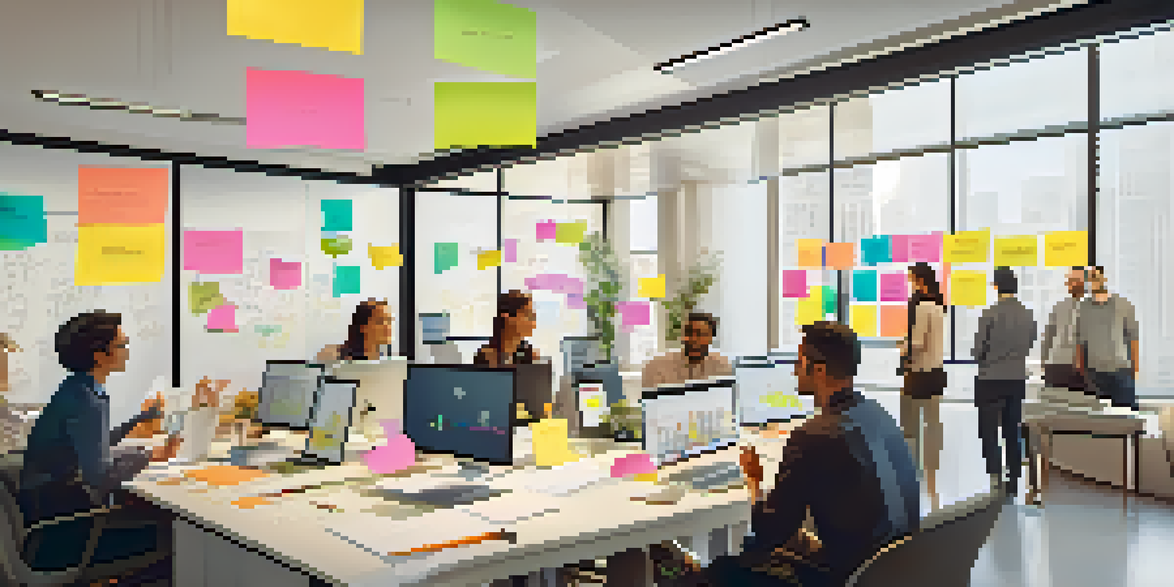 An office scene with a diverse group of team members collaborating, surrounded by design sketches and sticky notes, illuminated by natural light.